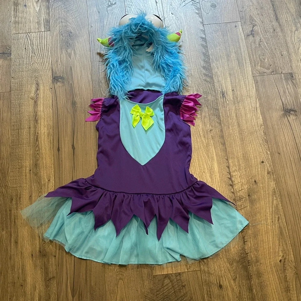 Leg Avenue Girls Monster Costume Dress Purple Turquoise Blue Faux Fur Hood S/P